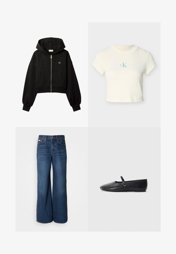 Musta cropped-tyylinen vetoketjullinen huppari, jossa etutaskut, rento istuvuus, joustavat hihansuut ja pieni Calvin Klein -logo rinnassa.; Lyhyt kerma t-paita, jossa on hienovaraiset keltaiset raidat, ribbineulos ja keskellä rintaa vaaleansininen logo. Lyhyet hihat ja pyöreä kaula-aukko.; Levikset leveillä lahkeilla, valmistettu tummansinisestä denim-kankaasta. Ominaisuuksiin kuuluu korkea vyötärö, viisi taskua ja kontrastiväri oranssia silkkauslangan saumoissa.; Mustat nahkakengät, joissa on kärki terävä, litteä pohja ja pieni hihna, jossa on hopeinen solki.