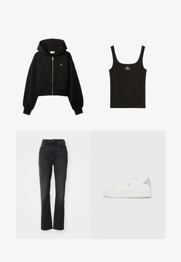 Sort cropped hættetrøje med lynlås foran, forlommer, afslappet pasform, elastiske manchetter og lille Calvin Klein-logo på brystet.; Sort ribbet tanktop med brede stropper og Calvin Klein-logo i hvid på brystets midte, sat mod en hvid baggrund.; Højtaljede sorte denim jeans med lige ben, fem-lomme design, frontlukning med knap og minimal syning.; Hvide lærredssneakers med en tyk hvid sål, prydet med en metallic sølvaccent på hælen og en diskret logo-detalje på siden.