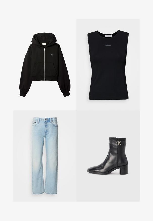 Sort cropped hættetrøje med lynlås foran, forlommer, afslappet pasform, elastiske manchetter og lille Calvin Klein-logo på brystet.; Sort ærmeløs top lavet af glat stof. Har en rund halsudskæring og et lille Calvin Klein-logo i midten. Simpelt og tætsiddende design.; Lyseblå brede jeans lavet af denim med et klassisk fem-lomme design og en subtil falmet tekstur. Denim-syninger er synlige.; Sort læder ankelstøvle med spids tå, blokhæl og en rem med en metallisk logo detalje. Glat tekstur og minimalistisk design.