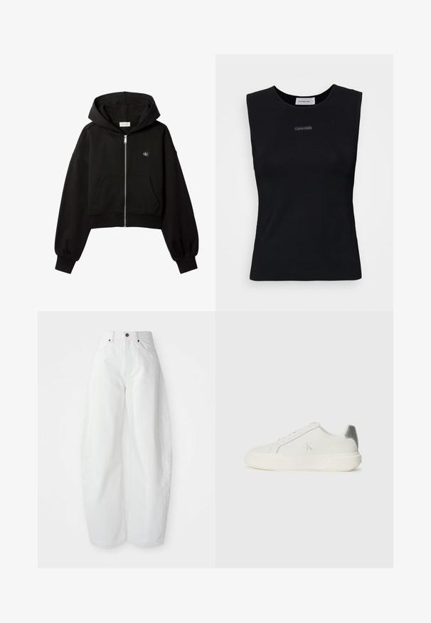 Sort cropped hættetrøje med lynlås foran, forlommer, afslappet pasform, elastiske manchetter og lille Calvin Klein-logo på brystet.; Sort ærmeløs top lavet af glat stof. Har en rund halsudskæring og et lille Calvin Klein-logo i midten. Simpelt og tætsiddende design.; Højtaljede hvide denimbukser med løs pasform. Har en knaplukning, sidelommer og et minimalistisk design. Glat tekstur.; Hvide sneakers lavet af læder med en glat tekstur, forsynet med en sølvaccent på hælen, flad sål og minimalistisk design.