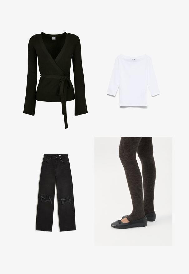 Top noir à côtes avec un décolleté en V profond, de longues manches évasées et une ceinture à nouer à la taille. Texture lisse, design ajusté.; Chemise blanche à manches trois-quarts en tissu mélangé coton ; présente un large col bateau et une texture lisse et légère.; Jean droit en denim noir avec des déchirures usées aux deux genoux, poches avant et ceinture à fermeture par bouton.; Jambes portant des leggings côtelés foncés associés à des ballerines noires avec de petits détails en nœud sur fond blanc.