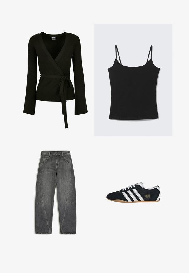 Sort ribbet indpakningsbluse med dyb V-udskæring, lange klokkeærmer og et bindebånd i taljen. Glat tekstur, tætsiddende design.; Sort ærmeløs cropped tanktop med tynde skulderstropper og en lige halsudskæring på en lysegrå baggrund.; Sorte vaskede denimjeans med høj talje, forreste knaplukning, lynlås, sidelommer og sømdetaljer på lys baggrund.; Sort ruskinds sneaker med hvide tre striber, guldlogo og en brun gummisål. Har et lavprofil snørebåndsdesign.