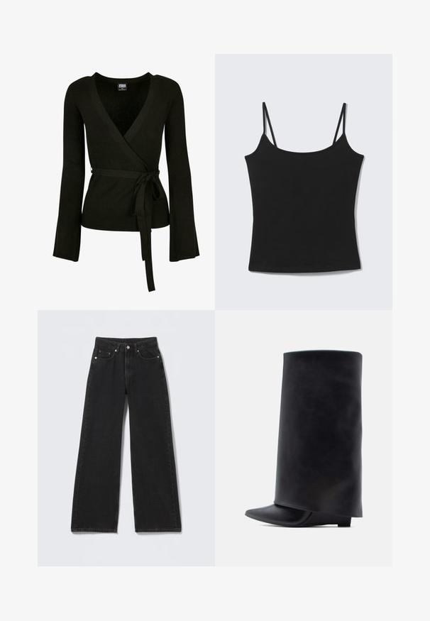 Top noir à côtes avec un décolleté en V profond, de longues manches évasées et une ceinture à nouer à la taille. Texture lisse, design ajusté.; Débardeur court noir sans manches avec fines bretelles et encolure droite sur fond gris clair.; Jean noir taille haute à jambes larges avec fermeture à boutons et fermeture éclair à l'avant, passants de ceinture et cinq poches avant sur fond clair.; Bottines en cuir noir avec une tige haute cylindrique, un bout pointu et un talon plat bas, présentant une texture lisse et un design minimaliste.