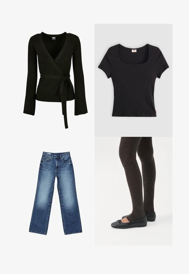 Top noir à côtes avec un décolleté en V profond, de longues manches évasées et une ceinture à nouer à la taille. Texture lisse, design ajusté.; Haut noir à manches courtes en tissu côtelé, avec un décolleté carré large et une coupe ajustée, orné d'une petite étiquette logo rouge au bas.; Jean denim bleu à jambes larges avec poches avant et poche monnaie, fermeture à boutons, et lavage délavé sur les cuisses et les genoux.; Jambes portant des leggings côtelés foncés associés à des ballerines noires avec de petits détails en nœud sur fond blanc.