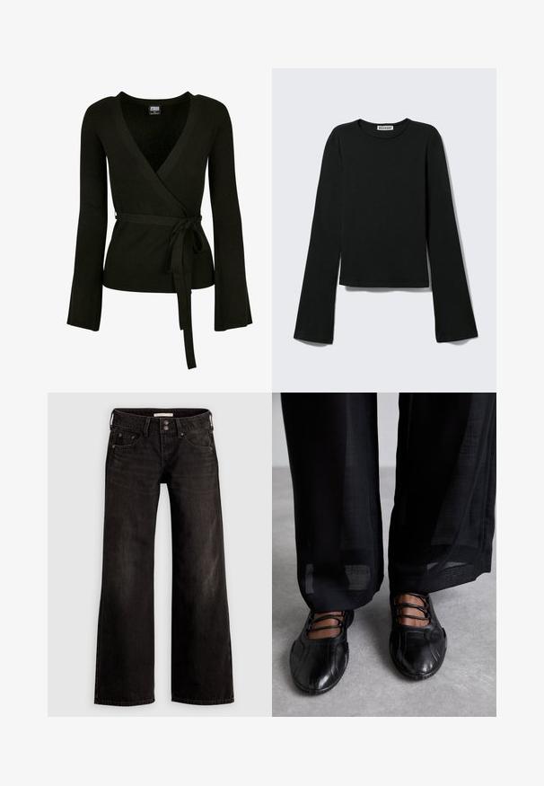 Top noir à côtes avec un décolleté en V profond, de longues manches évasées et une ceinture à nouer à la taille. Texture lisse, design ajusté.; T-shirt noir à manches longues avec col rond, silhouette ajustée et manches légèrement évasées, étiqueté avec la marque "Weekday" au niveau de l'encolure.; Jean noir à jambes larges avec une finition légèrement délavée, comprenant des poches avant, une fermeture éclair et un bouton. Fabriqué en tissu denim.; MIISTA AVERIE - Babies - black
