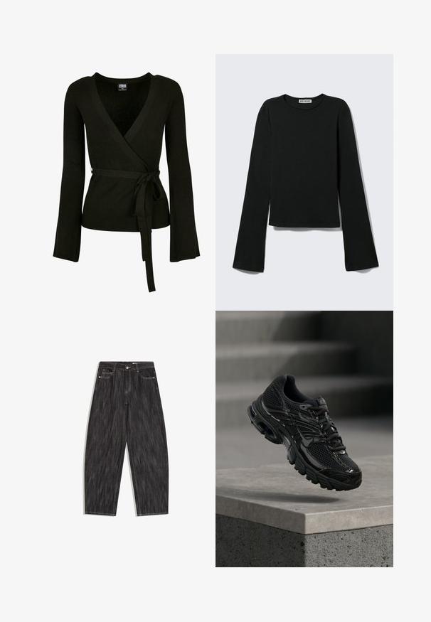 Sort ribbet indpakningsbluse med dyb V-udskæring, lange klokkeærmer og et bindebånd i taljen. Glat tekstur, tætsiddende design.; Sort langærmet rundhalset skjorte med en figursyet silhuet og let udvidede ærmer, mærket med "Weekday" brandetiketten ved halsudskæringen.; Sort denimjeans med vidde ben, fem-lomme design, synlige hvide syninger og knaplukning i taljen.; Sort Nike løbesko med mesh og syntetisk overdel, der svæver over en betonoverflade og trin i baggrunden.