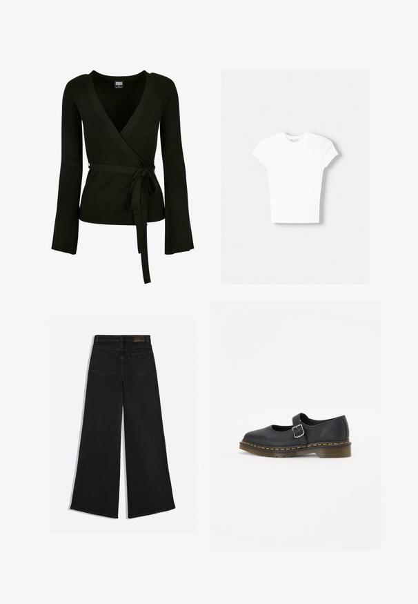 Top noir à côtes avec un décolleté en V profond, de longues manches évasées et une ceinture à nouer à la taille. Texture lisse, design ajusté.; T-shirt blanc à manches courtes en coton doux, avec un col rond et une coupe ajustée. Pas de motifs ni d'ornements visibles.; Jean en denim noir à jambes larges vu de dos avec deux poches arrière et des passants de ceinture à la taille.; Chaussures Mary Jane en cuir noir avec un bout rond, boucle ajustable, coutures jaunes et une semelle en caoutchouc brun épaisse.