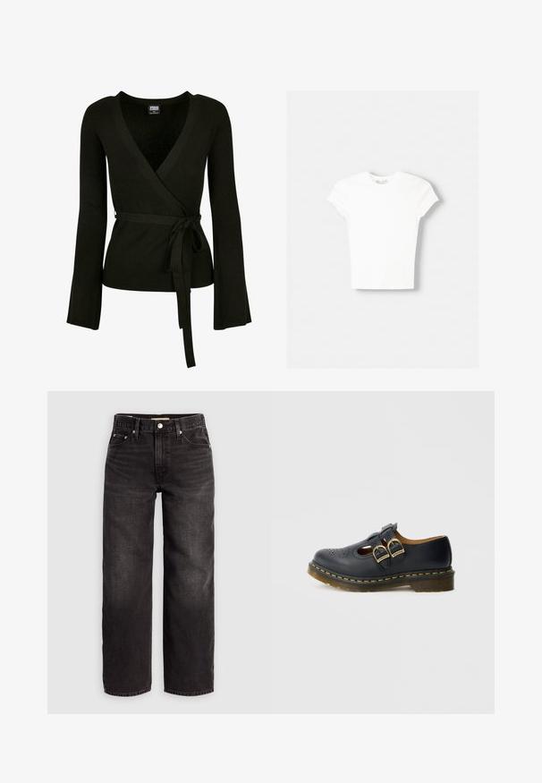 Top noir à côtes avec un décolleté en V profond, de longues manches évasées et une ceinture à nouer à la taille. Texture lisse, design ajusté.; T-shirt blanc à manches courtes en coton doux, avec un col rond et une coupe ajustée. Pas de motifs ni d'ornements visibles.; Levi's® BAGGY DAD - Jean baggy - shrink up; Chaussure en cuir noire avec deux brides à boucles, présentant des détails perforés, un bout arrondi et un accent de couture jaune autour de la semelle.