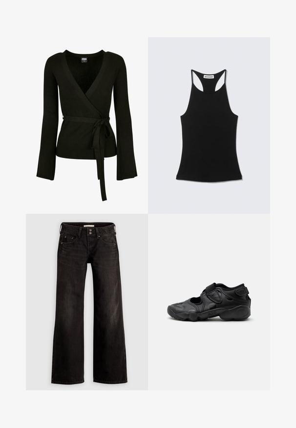 Sort ribbet indpakningsbluse med dyb V-udskæring, lange klokkeærmer og et bindebånd i taljen. Glat tekstur, tætsiddende design.; Sort ærmeløs racerback-top med "WEEKDAY" label på øvre ryg, vist på en lys grå baggrund.; Sorte bukser med vide ben og en let falmet finish, med forlommer, lynlås foran og knaplukning. Fremstillet af denimstof.; Sort atletisk sandal med lukket tå, velcro stropper ved mellemfoden og hælen samt tyk polstret sål markeret med "AIR" på siden.
