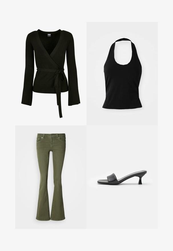 Sort ribbet indpakningsbluse med dyb V-udskæring, lange klokkeærmer og et bindebånd i taljen. Glat tekstur, tætsiddende design.; Sort halterneck top lavet af blød stof, med en scoop halsudskæring og en tætsiddende silhuet, med en glat tekstur og uden synlige mønstre.; Olivengrønne, højtaljede, vidde jeans med forlommer, bæltestropper, knaplukning og synlige hvide syninger på hvid baggrund.; Sorte hæle mules med en glat, mat læderoverdel, åben tå, bred rem over vristen og slank, firkantet hæl.