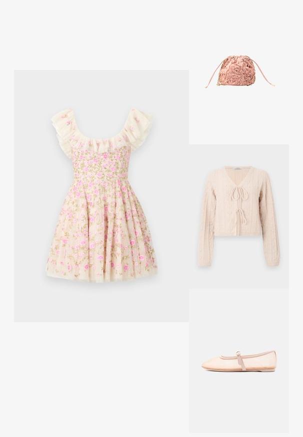 Lichtroze cropped cardigan van structuurgebreid materiaal, met een V-hals en een striksluiting aan de voorkant. Versterkt met verticale ribbelpatronen.; Bloemengeborduurde jurk in crème, met ruffled mouwen, roze bloemen en een uitlopende rok. Gemaakt van een lichtgewicht stof.; Licht beige platte schoen met een puntige neus en een enkele gesp aan de zijkant, weergegeven op een effen witte achtergrond.; Roze tasje met trekkoord, met getextureerde bloemapplicaties en gouden kettingaccenten op een witte achtergrond.