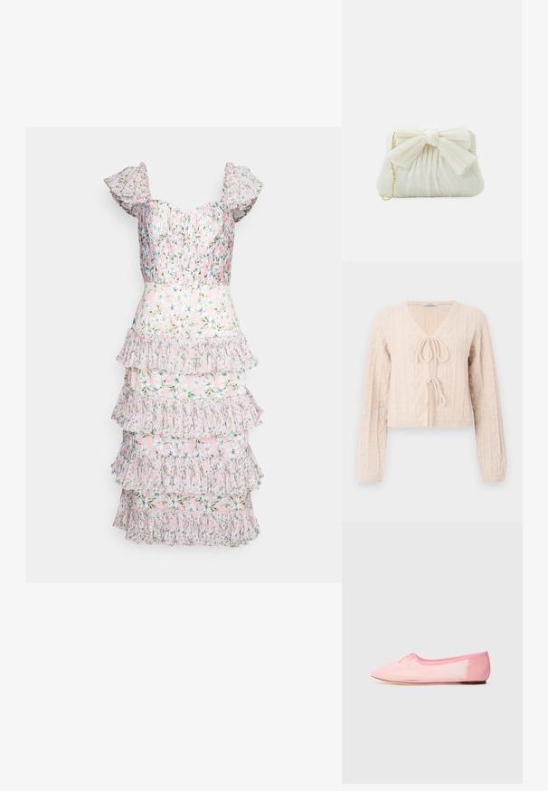 Lys lyserød cropped cardigan lavet af tekstureret strikket stof, med en V-udskæring og en bundet frontlukning. Fremhævet med lodrette ribbede mønstre.; AMUR GRADY COMBO PLEATED - Cocktailkjole / festkjole - rosewater posey; Lyserød balletflad med blødt stof, præget af spidse tå og en lille sløjfedetalje på overdelen, samt en lav og fleksibel sål.; Hvid plisseret clutch-taske med en fremtrædende sløjfedetalje og en guldkædetras. Blød tekstur med et samlet design på forsiden.