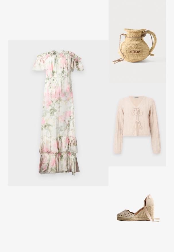 Lys lyserød cropped cardigan lavet af tekstureret strikket stof, med en V-udskæring og en bundet frontlukning. Fremhævet med lodrette ribbede mønstre.; Blomster maxi kjole med off-shoulder flæser. Lavet af letvægtsstof, med rosa og grønne blomster, snøre i taljen og lagdelt kant.; Beige kileespadrille med flettet jutesål, udskårne blomsterblade ved tåen og ankelbånd mod hvid baggrund.; Rund flettet stråtaske med håndtag af reb og "ALEMAIS" broderet på siden med brunt garn.