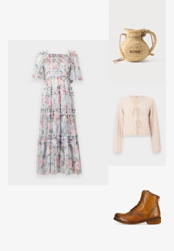 Cardigan court rose clair en tissu tricoté texturé, avec un décolleté en V et une fermeture à nouer à l'avant. Accentuée par des motifs en relief verticaux.; Robe maxi en chiffon fleuri avec corsage smocké, manches volantées et couches à volant. Couleurs comprenant des motifs floraux en rose pâle, gris et vert.; Bottine en cuir marron avec un bout arrondi, un laçage à l'avant, une fermeture éclair sur le côté et un petit talon en bois. Présente un logo en relief discret sur le talon.; Sac à main rond en paille tissée avec une anse en corde et "ALEMAIS" brodé sur le côté en fil marron.