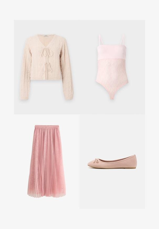 Cardigan court rose clair en tissu tricoté texturé, avec un décolleté en V et une fermeture à nouer à l'avant. Accentuée par des motifs en relief verticaux.; Body en dentelle rose clair avec bretelles spaghetti et une partie supérieure lase sur un fond clair uni.; Jupe midi plissée rose avec une sous-couche en dentelle et une ceinture froncée, présentée sur un fond blanc.; Des ballerines en suede rose doux avec un bout arrondi et un petit nœud sur le devant, dotées d'une semelle plate basse.