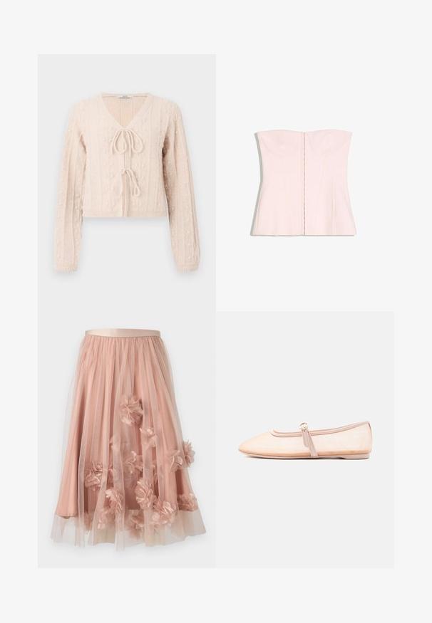 Lichtroze cropped cardigan van structuurgebreid materiaal, met een V-hals en een striksluiting aan de voorkant. Versterkt met verticale ribbelpatronen.; Lichtroze strapless korsettetop met gestructureerde cups en verticale naden, plat neergelegd op een witte achtergrond.; Tule rok in zachtroze met een satijnen tailleband. Voorzien van gelaagde doorschijnende stof en driedimensionale bloemapplicaties verspreid over het geheel.; Licht beige platte schoen met een puntige neus en een enkele gesp aan de zijkant, weergegeven op een effen witte achtergrond.