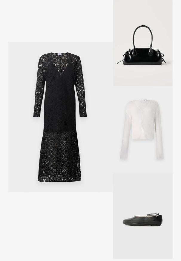 Letvægts cardigan i cremefarve med ribstrik. Har V-hals, lange ærmer og fem knapper ned foran.; Sort midi-kjole med lange ærmer i blonder med blomsterprint, tætsiddende silhuet og et lille V-formet udskæring foran.; Sorte læderballerinaer med rund tå, ankelrem og en glat overflade. Har minimale dekorationer og en fleksibel gummisål.; Lille sort blank håndtaske med to lange håndtag og snøre-detaljer i siden på en ensfarvet lys baggrund.