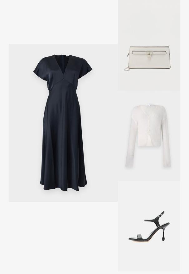 Letvægts cardigan i cremefarve med ribstrik. Har V-hals, lange ærmer og fem knapper ned foran.; Sort satin midi-kjole med korte flæseærmer, V-udskæring, figursyet talje og lynlås bagpå.; Sort læder sandal med høje hæle, tynde stropper, åben tå og justerbar ankelspænde, vist mod en ensartet hvid baggrund.; Hvid læderpung med en glat tekstur, der har en sølvtonet låsdetalje, aftagelig kæderem og en vandret lynlåslomme.