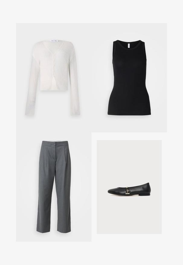Letvægts cardigan i cremefarve med ribstrik. Har V-hals, lange ærmer og fem knapper ned foran.; Sort ærmeløs tanktop lavet af ribbet stof, med rund halsudskæring og tætsiddende design, med en glat overflade og uden mønstre.; Grå skræddersyede bukser med lige ben, der har en glat tekstur, frontfoldninger og sidelommer. Ingen synlig hardware eller detaljer.; Sort læderballerina med en lille guldbeslået detalje på siden, lav hæl og afrundet tå, vist i profil på hvid baggrund.