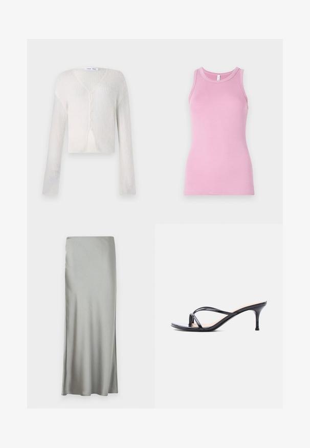 Letvægts cardigan i cremefarve med ribstrik. Har V-hals, lange ærmer og fem knapper ned foran.; Rosa tanktop med en tætsiddende design, der har en rund halsudskæring og ribbet tekstur. Ingen mønstre eller accenter til stede.; Lys grå, satin maxi-nederdel med en glat tekstur og sideslids, designet med en lige skæring for en flydende silhuet.; Sort laklædersandal med hæl, tynde krydsede remme og en slank mellemhøj stilethæl på en hvid baggrund.