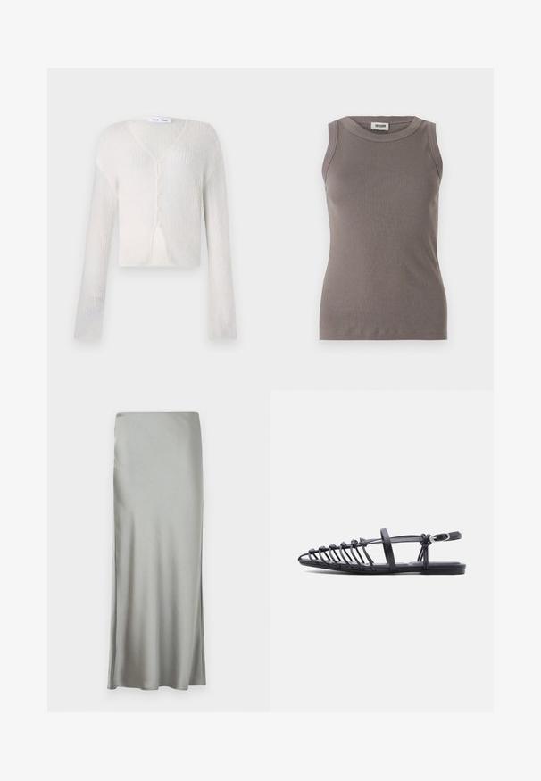 Cardigan léger de couleur crème avec un motif en maille côtelée. Présente un col en V, des manches longues et cinq boutons sur le devant.; Débardeur gris côtelé avec un col rond et un design sans manches, fabriqué à partir d'un tissu doux et texturé. Silhouette simple et ajustée.; Jupe maxi en satin gris clair avec une texture lisse et une fente sur le côté, conçue avec une coupe droite pour une silhouette fluide.; Sandale plate noire avec plusieurs fines lanières, bride à boucle à la cheville et design cage à bout ouvert sur fond blanc.