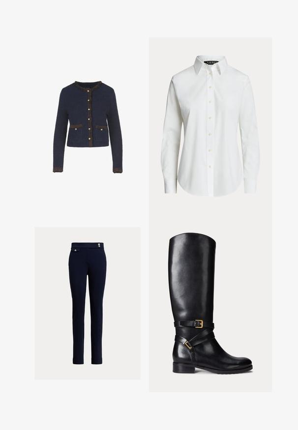 Cárdigan de punto azul marino con mangas largas, que presenta un borde marrón con flecos, botones en tono dorado y dos bolsillos frontales.; Camisa blanca de manga larga con botones, con cuello clásico y botones delanteros visibles, mostrada sobre un fondo liso.; Pantalones ajustados azul marino con cintura alta, que presentan botones decorativos y un pequeño bolsillo de solapa en el lado derecho.; Bota de cuero negra hasta la rodilla con punta redonda, un tacón bajo y cuadrado, y dobles correas con un acento de hebilla dorada. Textura suave.