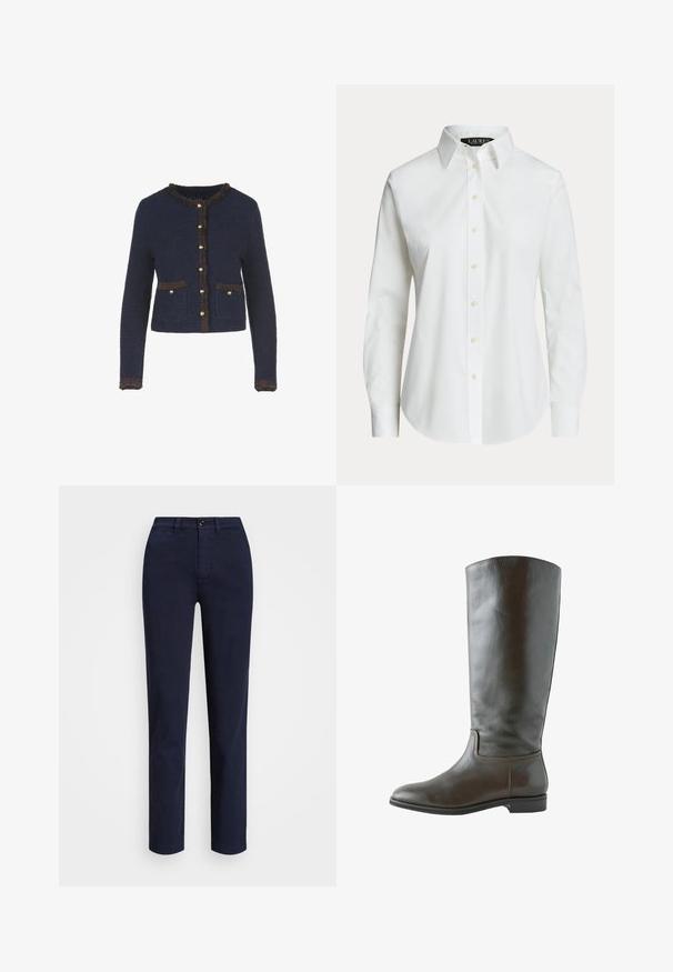 Cárdigan de punto azul marino con mangas largas, que presenta un borde marrón con flecos, botones en tono dorado y dos bolsillos frontales.; Camisa blanca de manga larga con botones, con cuello clásico y botones delanteros visibles, mostrada sobre un fondo liso.; Lauren Ralph Lauren SLIM FIT STRETCH CHINO PANT - Pantalones chinos - navy; Bota alta de cuero marrón con tacón bajo, punta redondeada y costuras sencillas a lo largo del tobillo y los bordes de la suela.