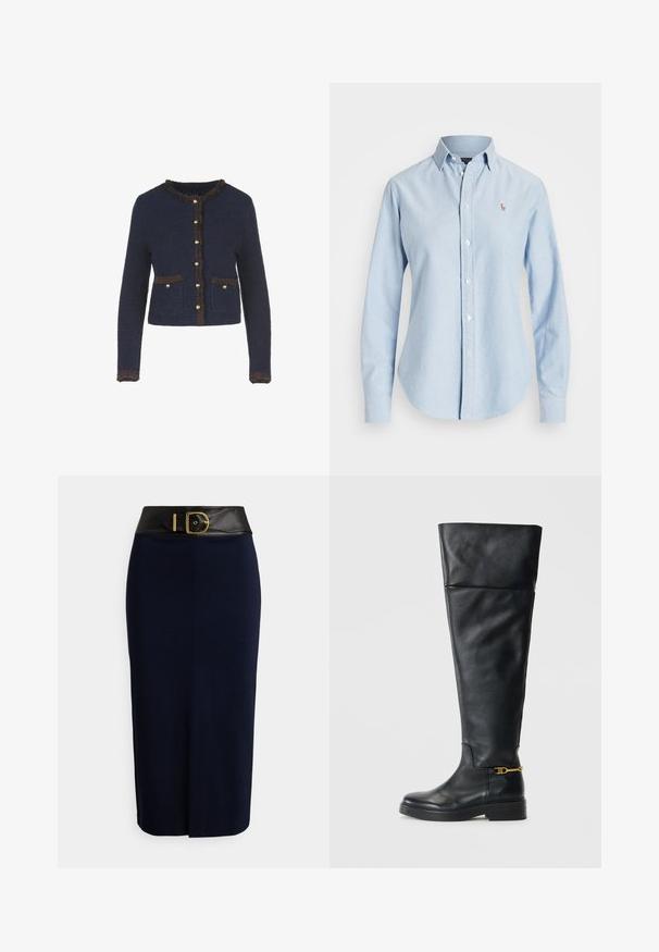 Marineblaues gestricktes Cardigan mit langen Ärmeln, ausgestattet mit einem fransigen braunen Saum, goldfarbenen Knöpfen und zwei vorderen Taschen.; Hellblaues Button-Down-Hemd aus Baumwolle mit langen Ärmeln, spitzem Kragen und kleinem gesticktem Logo auf der linken Brust.; Marineblauer Bleistiftrock mit einem breiten schwarzen Bund und einer großen goldenen Schnalle, ausgestattet mit einer vorderen Naht und einem dezenten Schlitz vorne.; Schwarze Lederstiefel über das Knie mit einem eleganten Design, abgerundeter Spitze, niedriger Plateausohle und goldenen Akzenten in der Nähe des Knöchels.