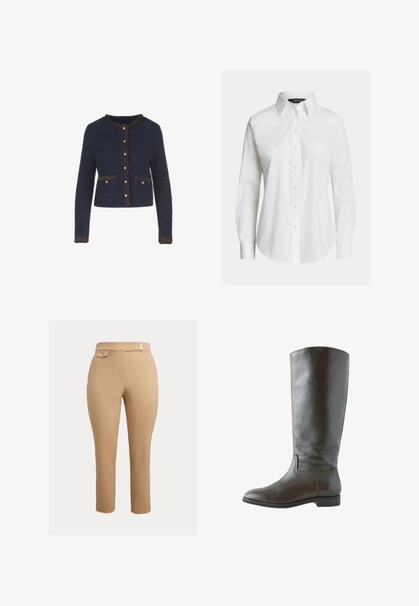Marineblauwe gebreide cardigan met lange mouwen, voorzien van een franjes in bruin, gouden knopen en twee voorzakken.; Witte overhemd met lange mouwen, knopen aan de voorkant, puntige kraag en licht gebogen zoom.; Beige slim-fit pantalons met hoge taille, met twee kleine decoratieve knoopjes op de tailleband en een knoopsluiting flapzak aan de rechterzijde.; Hoge bruine leren laars met lage hak, afgeronde neus en eenvoudige stiksels langs de enkel en zijkanten van de zool.
