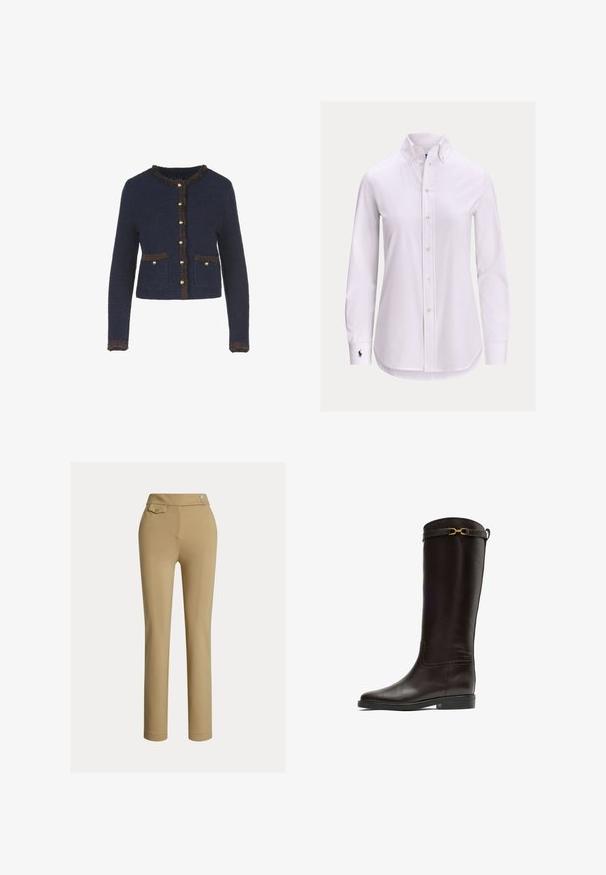 Marineblauwe gebreide cardigan met lange mouwen, voorzien van een franjes in bruin, gouden knopen en twee voorzakken.; Witte blouse met lange mouwen, knoopsluiting, een knoopsluitkraag en een klein geborduurd logo op de linkermanchet.; Beige slim-fit vrouwenbroek met hoge taille, twee knopen aan de zijkant en een klein knoopsluiting flapzakje nabij de tailleband.; Hoge donkerbruine leren rijlaars met lage hak en gouden decoratieve gesp vlak bij de bovenrand.