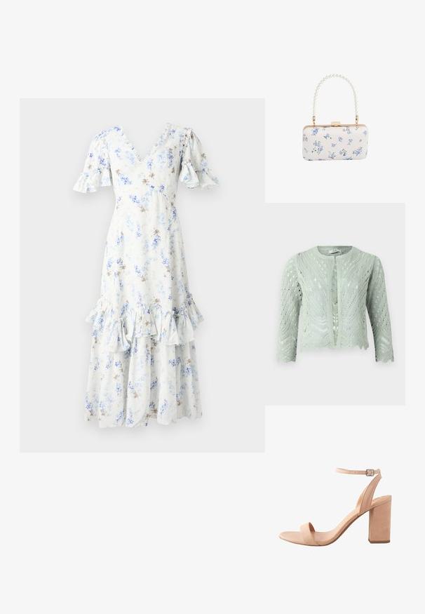 Cárdigan de punto verde claro con patrón de calado, mangas tres cuartos y dobladillo con forma de ondas. Diseñado con un escote redondo y sin cierres.; Vestido midi floral en azul claro y blanco con mangas abullonadas, escote en V y dobladillo con volantes, que presenta acentos y patrones en marrón oscuro dispersos.; Sandalía de tacón de ante rosa claro con una correa en el tobillo, punta abierta y tacón cuadrado. Cuenta con una textura suave y un diseño minimalista.; Clutch rectangular blanca con patrón floral azul y asa con cuentas de perlas, herrajes en tono dorado y cierre con broche.