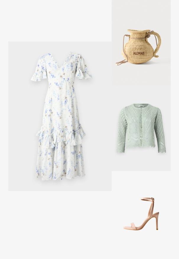 Lys grøn strikket cardigan med hulmønster, trekvartærmer og bølgekant. Designet med rund halsudskæring og uden lukninger.; Blomster midi kjole i lyseblå og hvid med puffede ærmer, V-hals og volangkant, med spredte mørkebrune detaljer og mønstre.; Lyserød højhælet sandal med et elegant design, åben tå, tynd ankelrem og glat patentfinish. Har en slank stiletthæl.; Rund flettet stråtaske med håndtag af reb og "ALEMAIS" broderet på siden med brunt garn.