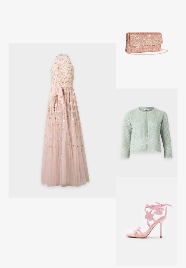 Hellgrüner, gestrickter Cardigan mit Lochmuster, Dreiviertelärmeln und gewelltem Saum. Entworfen mit einem runden Halsausschnitt und ohne Verschlüsse.; Langes rosa Neckholderkleid mit Blumenstickerei, transparentem Stoff und gebundenem Taillenschal.; Rosa High-Heel-Sandale mit Schmetterlingsakzenten, aus glattem Material gefertigt. Verfügt über dünne Riemen und einen schlanken Absatz.; Rechteckige Clutch in Roségold mit Glitzereffekt, Klappe zum Umschlagen und dünnem goldfarbenem Kettenriemen, vor weißem Hintergrund platziert.