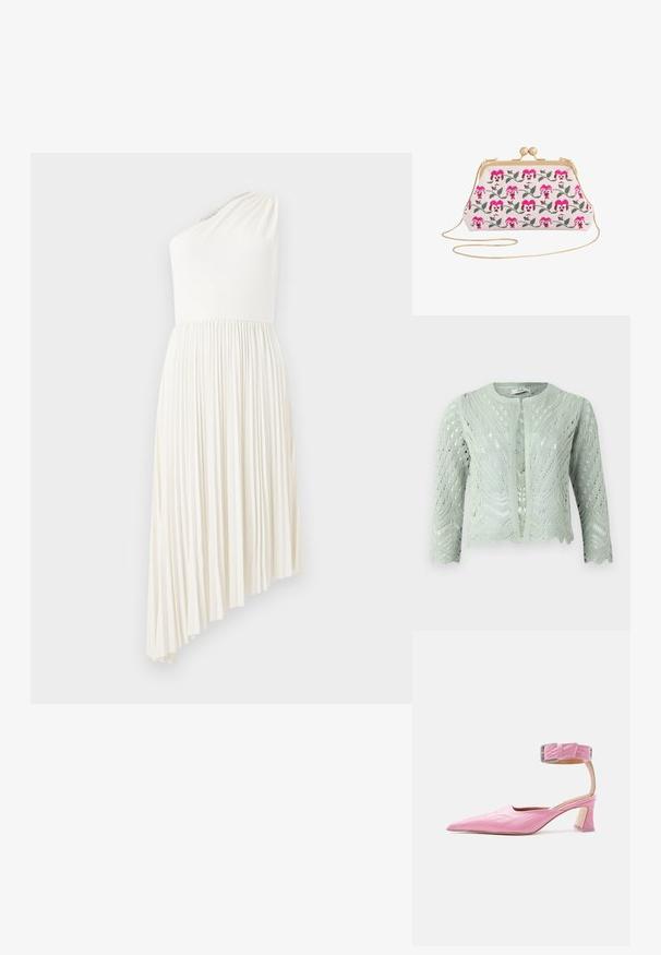 Lys grøn strikket cardigan med hulmønster, trekvartærmer og bølgekant. Designet med rund halsudskæring og uden lukninger.; Off-white, enkel skulder kjole med plisseret nederdel og asymmetrisk kant, vist mod en ensartet lys baggrund.; Pink spidsformet sko med mellemhøj hæl, ankelrem og sølvspænde, tekstureret skinnende materiale, vist mod en ensartet lys baggrund.; Clutch taske med et blomsterbroderet design i pink og grønt på en beige baggrund, med en lukning i guldfarvet tone og kædestropp.
