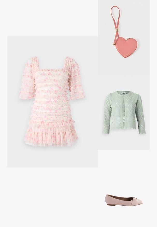 Cárdigan de punto verde claro con patrón de calado, mangas tres cuartos y dobladillo con forma de ondas. Diseñado con un escote redondo y sin cierres.; Vestido con volantes que presenta un escote cuadrado y mangas abullonadas, hecho de una tela transparente con patrones florales en rosa y volantes en la parte inferior.; Zapato de ballet en color rosa claro, hecho de un material suave, con punta redonda y un pequeño detalle en forma de nudo en la parte superior. Suela plana.; Monedero de cuero rosa en forma de corazón con correa para la muñeca y cremallera dorada, con la marca "Furla" en pequeño texto dorado.