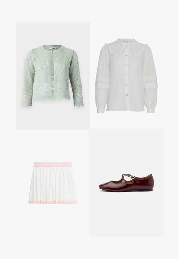 Lys grøn strikket cardigan med hulmønster, trekvartærmer og bølgekant. Designet med rund halsudskæring og uden lukninger.; Hvid bluse med en flæsekrave, knaplukning foran og broderet øjenlågdetaljering på de puffede ærmer. Har en subtil glans og blød tekstur.; Hvid plisseret nederdel med lyserødt linning og kantdetalje, knælængde, fladt lagt på hvid baggrund.; Skinnende bourgogne Mary Jane flad sko med T-rem og gyldent spænde på en ensfarvet lys baggrund.
