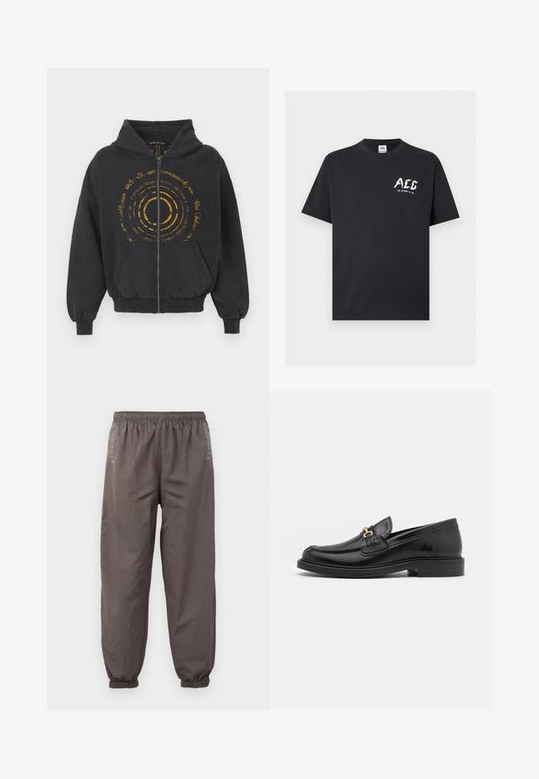 Schwarze Zip-Hoodie aus weichem Material mit einem goldenen, runden Grafikdesign und Text auf der Vorderseite. Mit Kordelzugkapuze und Kängurutaschen ausgestattet.; Schwarzes T-Shirt mit kurzen Ärmeln und Rundhalsausschnitt, weißem "ACG"-Logo und kleinem Text "FOR OUTDOOR USE" auf der linken Brust.; Dunkelgraue, elastische Hosen mit lockerer Passform. Mit gerafften Bündchen und dezentem Stickerei an den Seiten. Leichter Stoff.; Schwarze Lederleter mit einer abgerundeten Zehenpartie, ausgestattet mit goldenen Hardwareakzenten und Stichdetails, auf einer niedrigen, strukturierten Gummisohle.