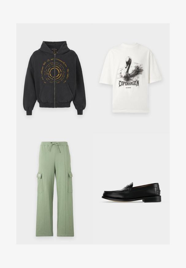 Schwarze Zip-Hoodie aus weichem Material mit einem goldenen, runden Grafikdesign und Text auf der Vorderseite. Mit Kordelzugkapuze und Kängurutaschen ausgestattet.; Weißes T-Shirt mit kurzen Ärmeln, mit einer schwarzen Skizze eines Schwans und dem Text "Copenhagen" sowie "Han Kjobenhavn" unter dem Motiv.; Helle grüne Cargo-Hose aus Baumwollmischung; mit elastischem Bund, Kordelzug, weitem Bein und zwei seitlichen Taschen mit Klappen.; Schwarzer Leder-Herrenschuh (Loafer) mit niedrigem Absatz und Mokassin-artiger Naht am Zehenbereich, seitlich auf einfarbigem Hintergrund dargestellt.