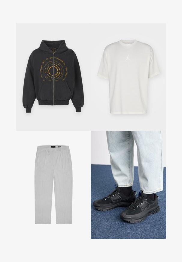 Sort zip-up hoodie lavet af blødt stof med et gyldent cirkulært grafik og tekst på forsiden. Har snoretræk i hætten og kengurulommer.; Hvid bomulds t-shirt med rund halsudskæring, korte ærmer og et lille broderet logo i midten. Løst fit design med minimal syning.; Lysegrå bukser med en subtil tekstur, der har forkantplisseringer, sidelommer og bæltestropper. Lige ben-design, minimalistisk stil.; Sorte træningssko med tekstureret stof og gummisåler, udstyret med elastiske snørebånd og en blå detalje på hælen. Bæres med lyse denimbukser.