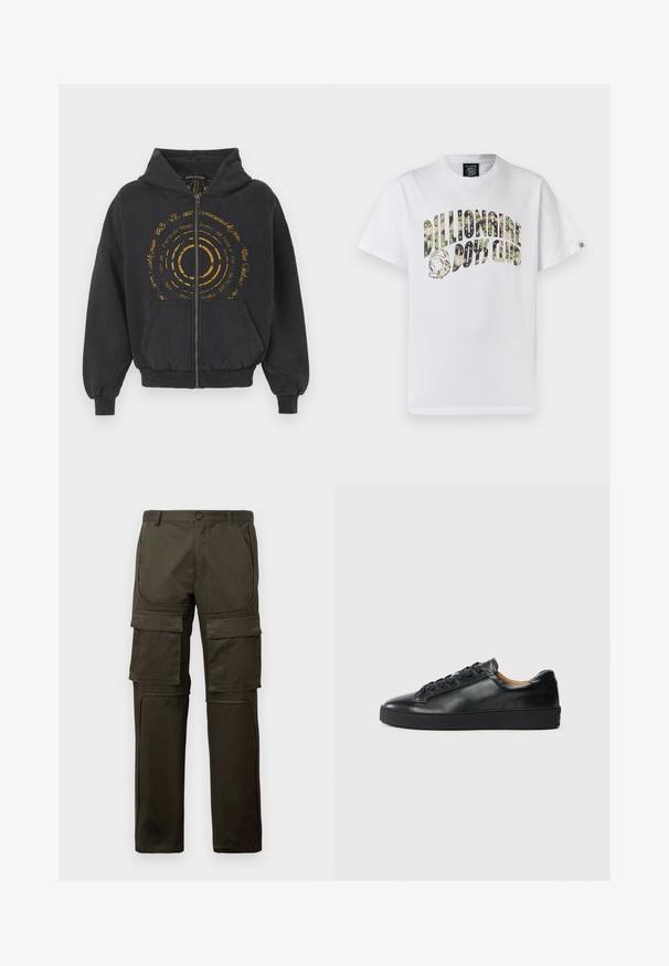 Sort zip-up hoodie lavet af blødt stof med et gyldent cirkulært grafik og tekst på forsiden. Har snoretræk i hætten og kengurulommer.; Hvid T-shirt med korte ærmer med teksten "Billionaire Boys Club" i mønstrede bogstaver og en astronaut-hjelmgrafik på forsiden.; Mørke olivengrønne cargo bukser med flere store lommer foran og på lårene, knaplukning og syede knæpaneler mod en hvid baggrund.; Sorte lædersneakers med en glat overflade, rund tå og snørebåndslukning. Har en tyk gummisål og minimal branddetalje.