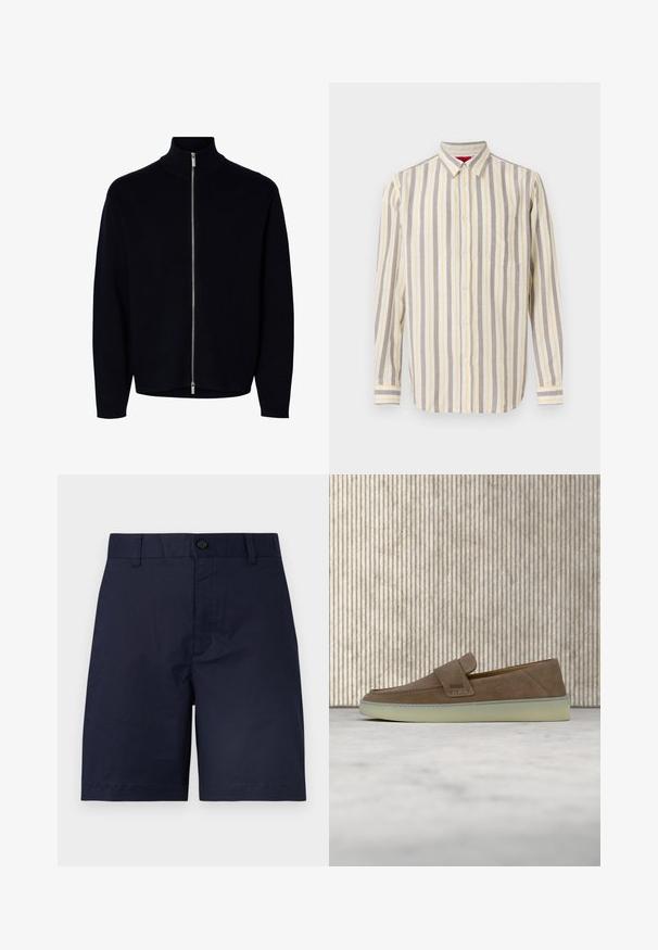 Sort langærmet lynlåstrøje med høj krave, sølvlynlås, der går fra hals til kant, enkel design, ingen synlige logoer eller mønstre.; Langærmet skjorte med knapper, med lodrette striber i beige, hvid og lys gul, samt en enkelt brystlomme på en ensfarvet baggrund.; Marineblå knælange shorts med knaplukning, bæltestropper og et glat frontdesign mod en ensfarvet lys baggrund.; Beige ruskind slip-on loafer med hvid gummisål og BOSS-logo på sidestroppen, vist mod en ensfarvet neutral baggrund.