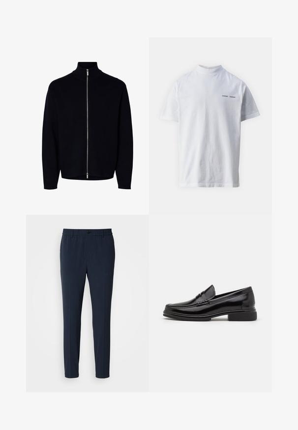 Schwarzer Langarm-Reißverschluss-Pullover mit hohem Kragen, silbernem Reißverschluss vom Hals bis zum Saum, schlichtes Design, keine sichtbaren Logos oder Muster.; Weißes Baumwoll-T-Shirt mit hohem Ausschnitt und kurzen Ärmeln. Mit schwarzem "SAMSØE SAMSØE" Logo auf der Vorderseite. Glatte Textur.; Marineblaue, gerade geschnittene Hose mit elastischem Bund, ausgestattet mit einem vorderen Knopfverschluss und einer glatten Stofftextur.; Schwarze Lederloafers mit runder Zehenform, ausgestattet mit einer genähten Detail über dem Vorderschaft und einem niedrigen Blockabsatz. Glatte Textur und glänzende Oberfläche.