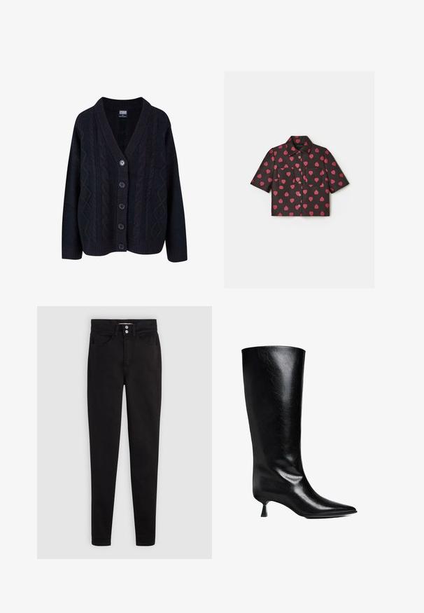 Sort kabelstrikket cardigan med V-hals, knaplukning foran med fem knapper og ribbede manchetter. Blød tekstur med en afslappet pasform.; Kortærmet skjorte i sort stof med pink hjerte mønster, krave design, to forlommer og central knaplukning.; Sorte jeans i bomuld med et slankt fit, der har lukning med knapper, fem-lomme design og subtile syningsdetaljer.; Sort læderknæhøje støvler med spidse tæer, slank silhuet og en lav blokhæl med en blank finish.