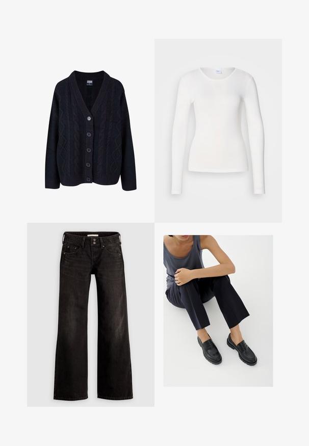 Cardigán negro de punto de cable con escote en forma de V, cierre frontal con cinco botones y puños acanalados. Textura suave con un diseño de corte relajado.; Camisa blanca de manga larga hecha de una tela suave y lisa; presenta un cuello redondo y una forma ajustada, sin patrones ni adornos.; Jeans negros de pierna ancha con un acabado ligeramente desteñido, que cuentan con bolsillos frontales, cierre de cremallera y botón. Hechos de tela vaquera.; Mocasines de cuero negro con detalles texturizados, tacón bajo, puntera redonda y costuras visibles. Modelo vistiendo pantalones oscuros y una blusa gris.
