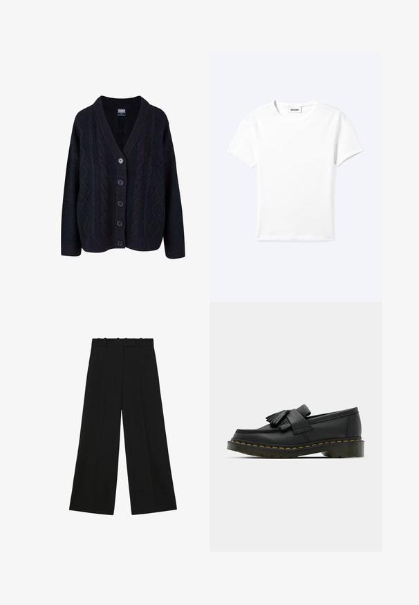 Zwarte kabelgebreide cardigan met een V-hals, knoopsluiting met vijf knopen en geribbelde manchetten. Zachte textuur met een relaxed fit ontwerp.; Effen wit T-shirt met korte mouwen en ronde hals met een klein "WEEKDAY" label aan de binnenkant van de hals, plat neergelegd op een lichte achtergrond.; Zwarte wijde broek met ceintuurlussen en een hoge taille, afgebeeld tegen een witte achtergrond.; Zwarte leren loafers met een ronde neus, voorzien van een franjesdetail en een decoratieve band aan de voorkant, geplaatst op een chunky hak.
