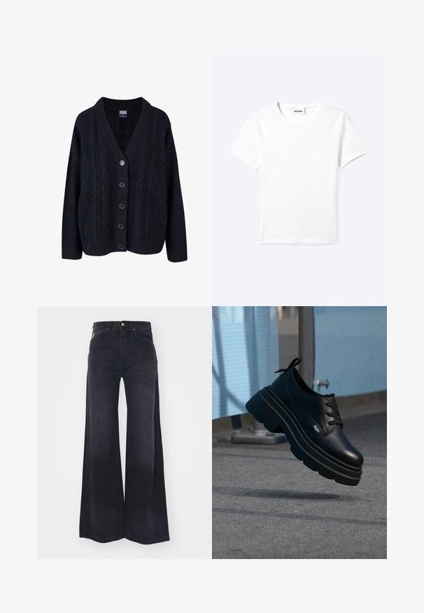 Cardigán negro de punto de cable con escote en forma de V, cierre frontal con cinco botones y puños acanalados. Textura suave con un diseño de corte relajado.; Camiseta blanca lisa de manga corta con cuello redondo y una pequeña etiqueta "WEEKDAY" dentro del cuello, mostrada extendida sobre un fondo claro.; Vaqueros negros de talle alto con piernas anchas, botón y cremallera frontales, y diseño de cinco bolsillos.; Zapato de plataforma de cuero negro con suela gruesa y cordones negros, suspendido sobre la acera cerca de una valla de malla azul y un poste de metal.