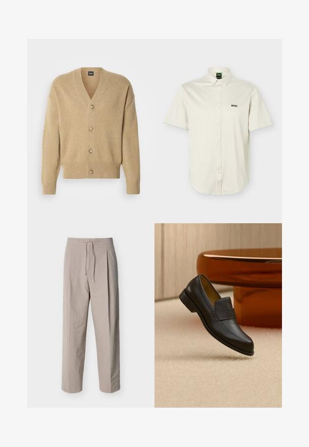 Cardigan en cachemire beige avec col en V, cinq boutons sur le devant, ourlet et poignets côtelés, et coupe décontractée. Texture douce et design léger.; Chemise blanche à manches courtes avec boutons-pression, col boutonné, logo "BOSS" noir sur la poitrine, et étiquette verte à l'intérieur du col.; Pantalon beige texturé à cordon de serrage, jambes droites et taille élastique, présenté sur un fond blanc.; Mocassin en cuir noir à talon bas flottant au-dessus d'un sol moquetté beige près d'une table ronde marron.