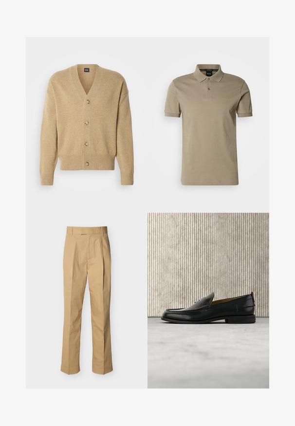 Cardigan en cachemire beige avec col en V, cinq boutons sur le devant, ourlet et poignets côtelés, et coupe décontractée. Texture douce et design léger.; Polo beige avec col classique, patte à deux boutons et manches courtes. Logo discret sur la poitrine ; tissu en coton lisse.; Pantalon beige en coton lisse à taille haute, avec des plis à l'avant et des jambes droites. Aucun équipement visible ni motifs.; Mocassin pour homme en cuir noir avec un dessus embossé effet croco et un petit talon, présenté de profil sur un fond neutre.
