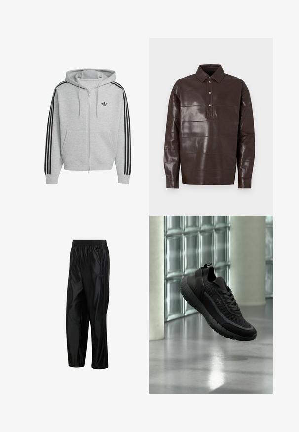 Grå zip-up hoodie med sort tre-stribes design på ærmerne, kængurulommer og snoretræk i hætten. Har et mærket logo på brystet.; Mørkebrun læder skjorte med lange ærmer, spids krave og frontknapstolpe med tre metalknapper.; Sorte skinnende atletikbukser med elastisk taljebånd, lynlåslommer i siden og tonale striber langs siderne.; Sort strikket sneaker med tyk mønstret sål og snørebånd, mærket "BOSS", svævende indendørs nær glasblokvæg og betongulv.