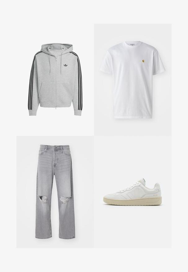 Grå zip-up hoodie med sort tre-stribes design på ærmerne, kængurulommer og snoretræk i hætten. Har et mærket logo på brystet.; Hvid bomulds t-shirt med korte ærmer, rund hals og et lille guld logo på venstre brystområde. Blød tekstur og almindelig pasform.; Lys grå denim jeans med høj talje, brede ben og slidte knæ-huller; klassisk fem-lomme design og metalknaplukning.; Hvide lædersneakers med struktureret overflade og polstret krave. Har en beige gummisål og diskret branding på hælen og siden.
